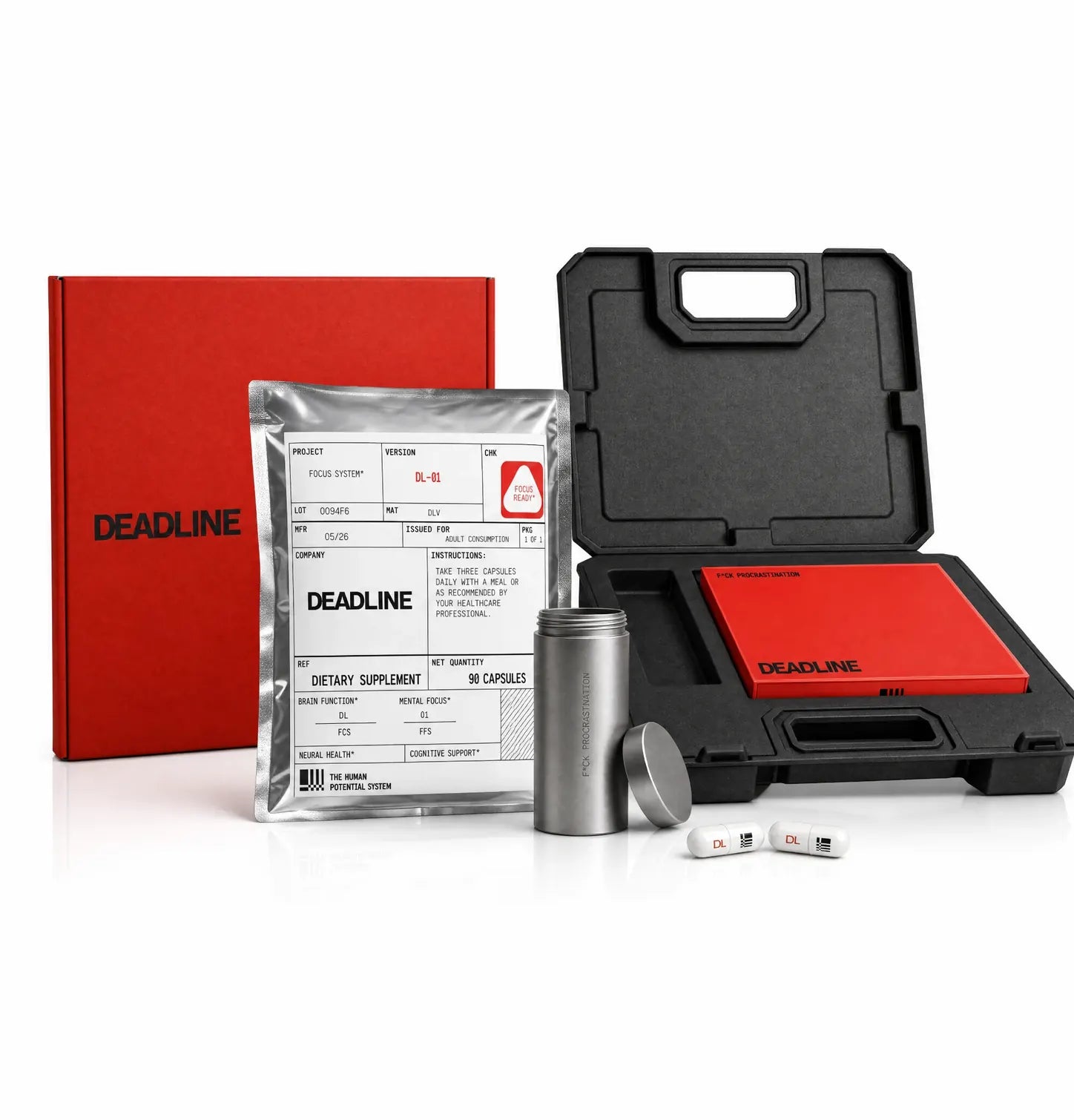 The Deadline first order: red shipping box, 90-capsule pouch, steel pill container, carry case with the red inner box and two capsules