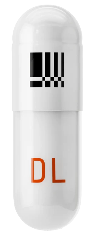 The Deadline focus pill: a white capsule with a barcode band and DL printed on it