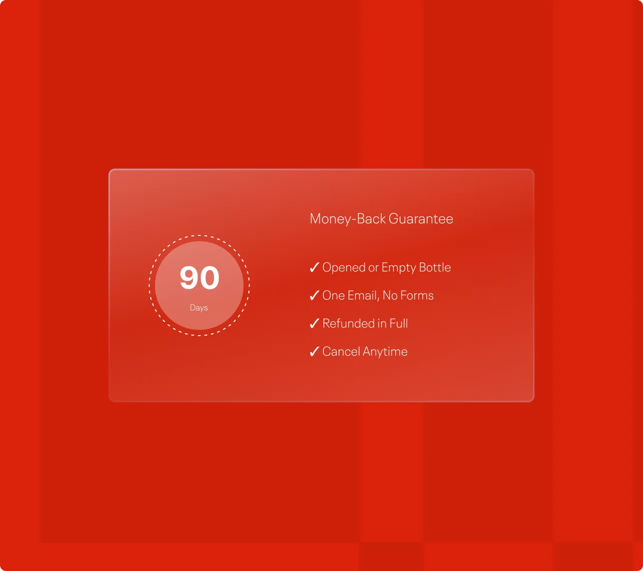 90-day money-back guarantee badge: opened or empty bottle, one email with no forms, refunded in full, cancel anytime.