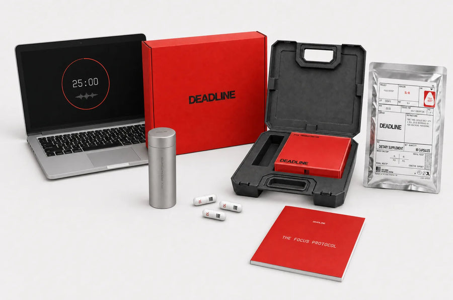 Everything in the first order: Deadline shipping box, steel pill container, carry case, 90-capsule pouch, the Focus Protocol booklet and the focus software on a laptop